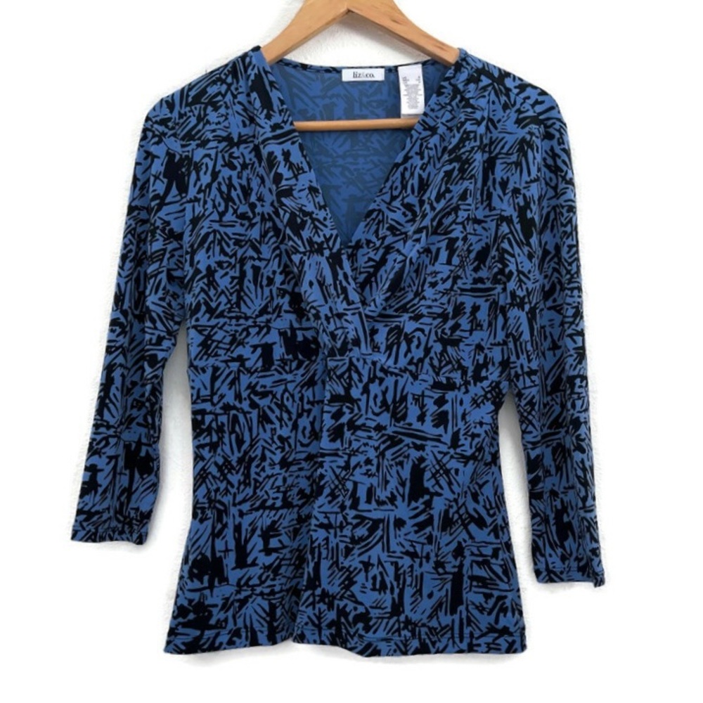 Liz & Co Blue & Black V Neck Blouse Women’s Size Small